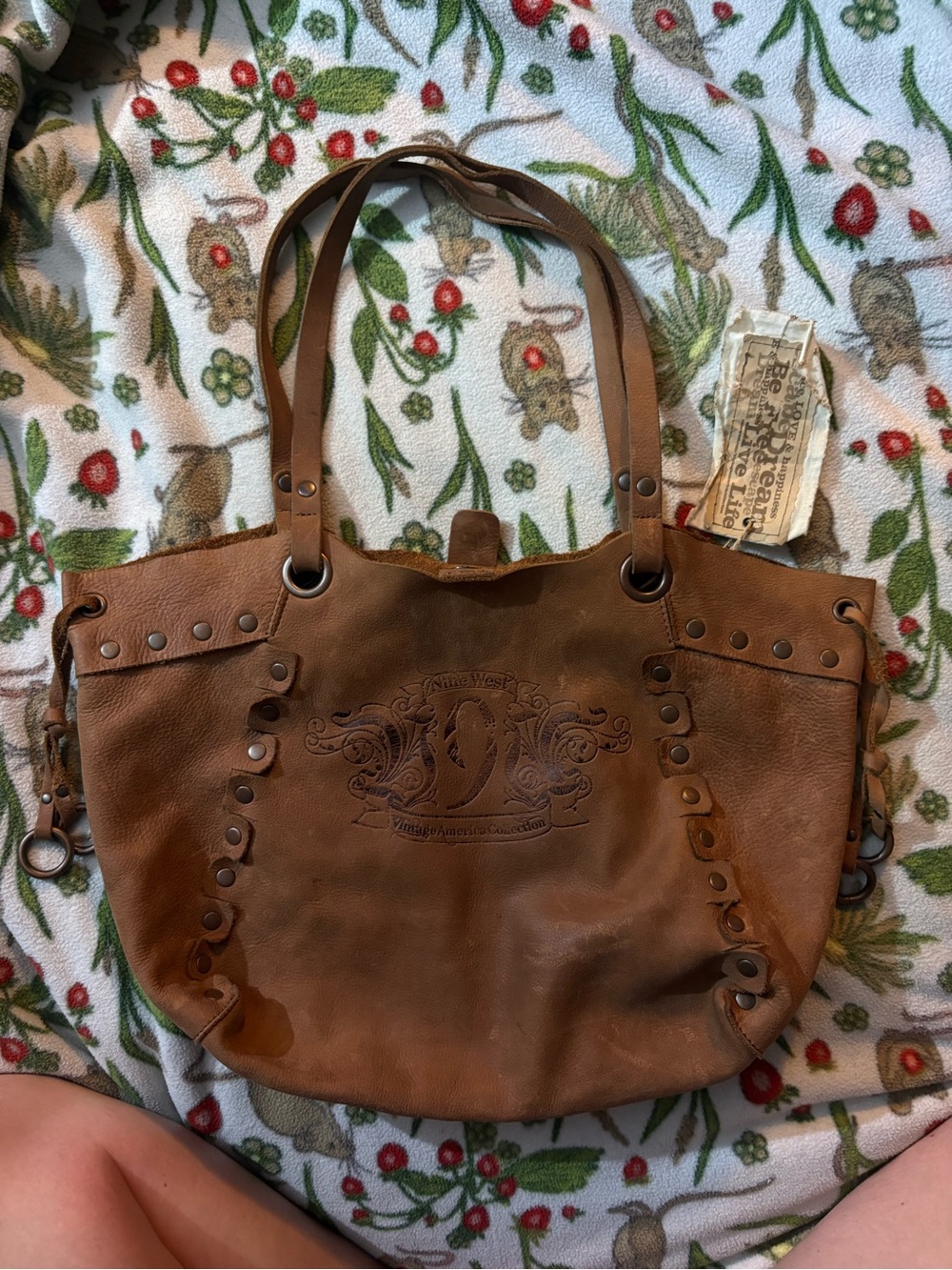 Nine West Vintage America Brown Genuine Leather Studded Tote